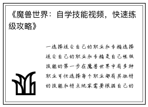 《魔兽世界：自学技能视频，快速练级攻略》